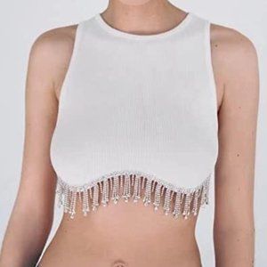 Women’s Rhinestones Tassel Sleeveless Crop Top Diamond Decoration Fringe